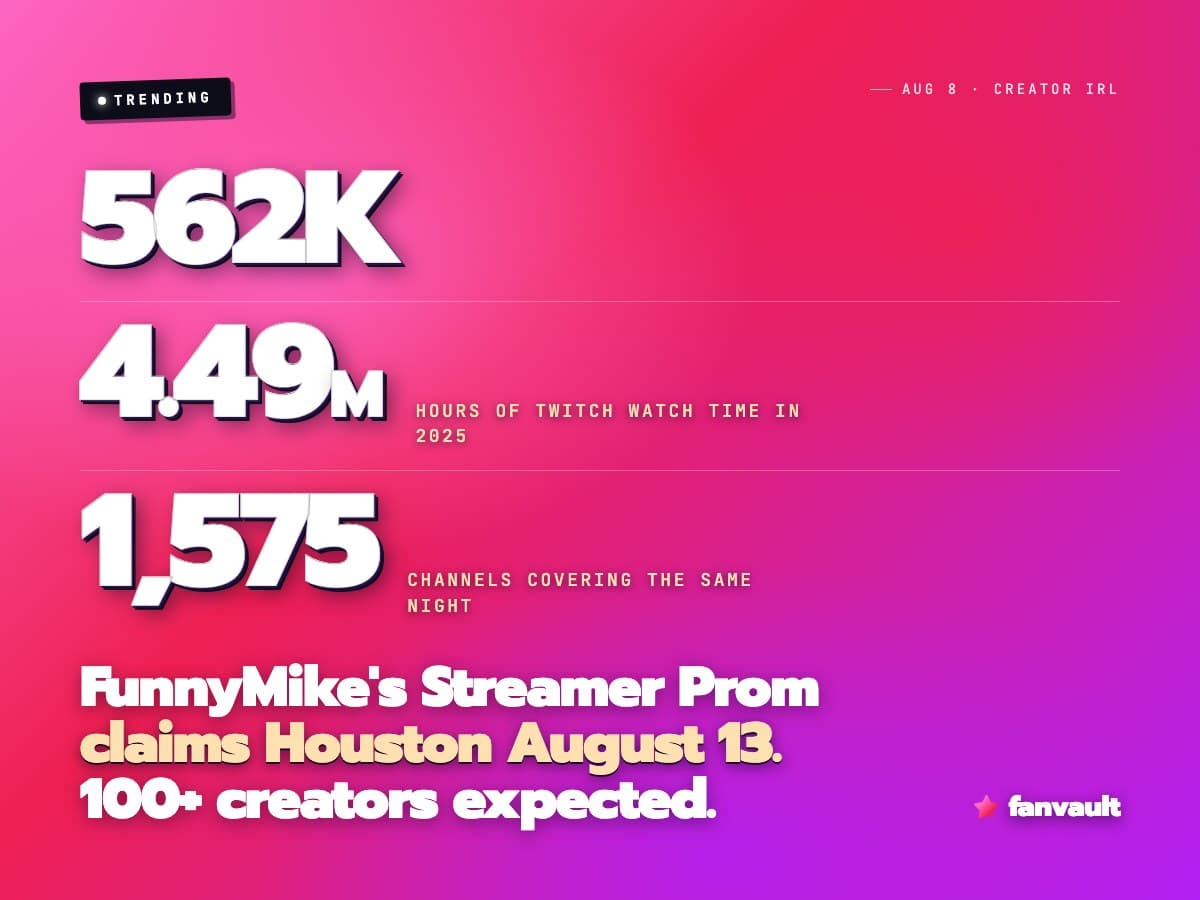 FunnyMike's Streamer Prom claims Houston August 13. 100+ creators expected.