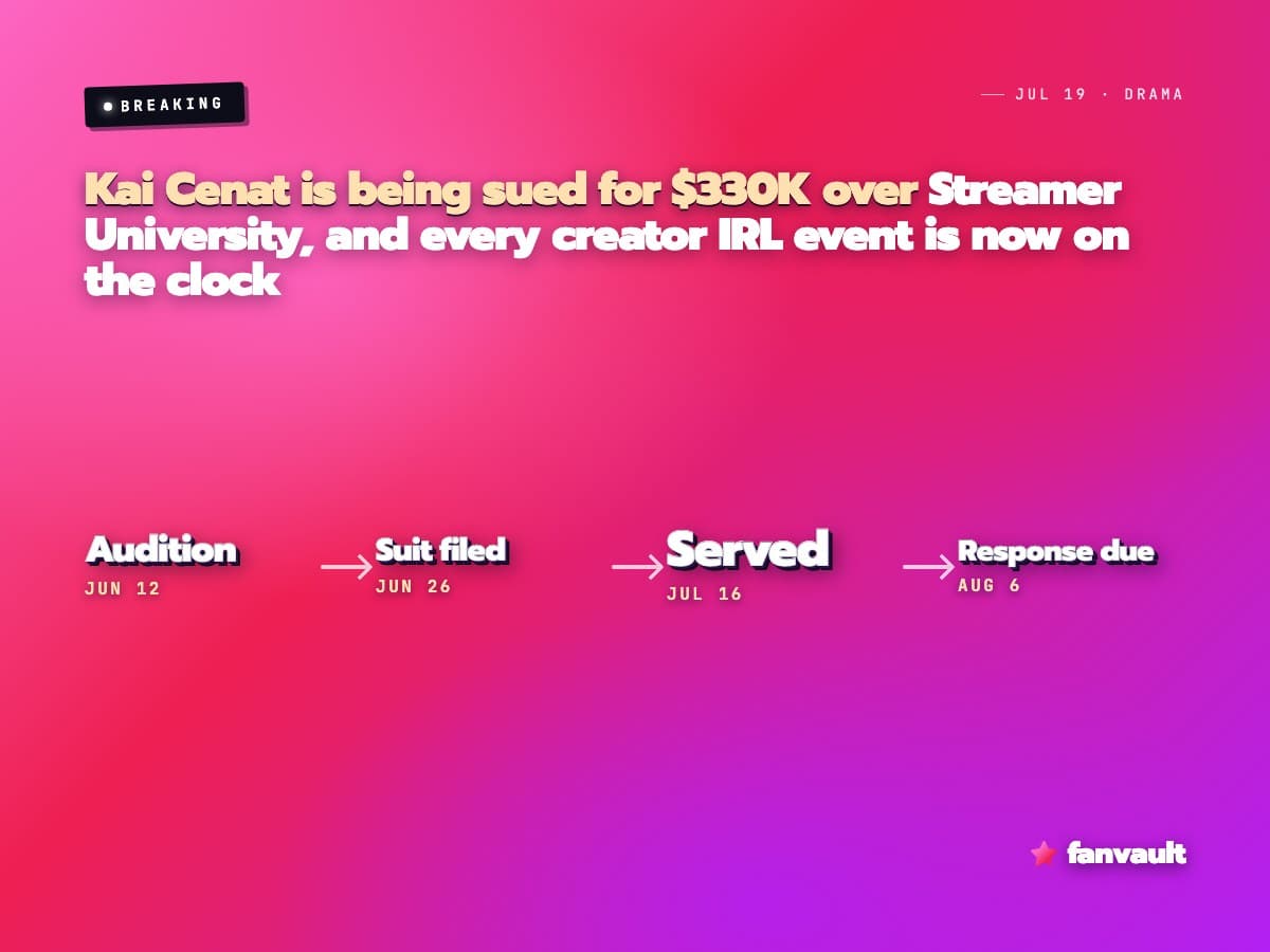Kai Cenat is being sued for $330K over Streamer University, and every creator IRL event is now on the clock