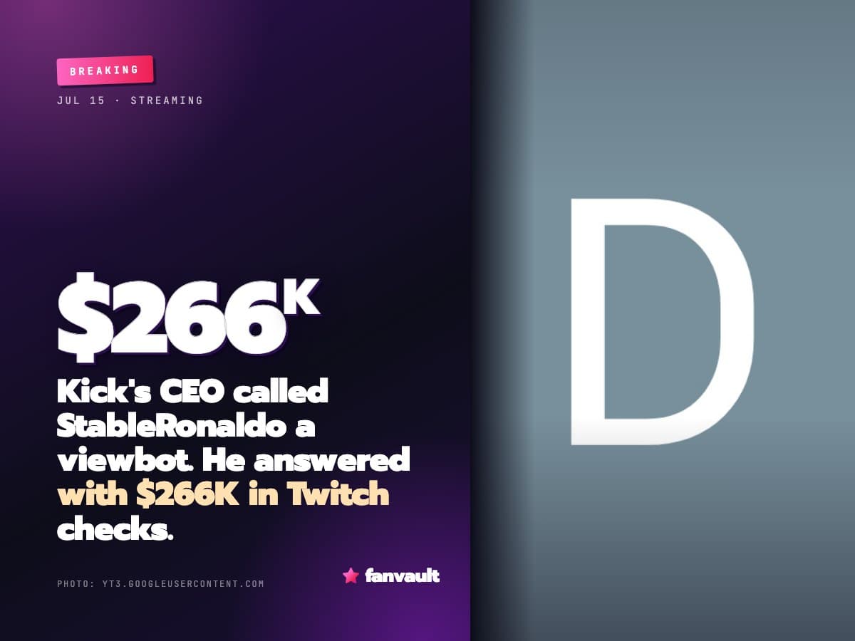 Kick's CEO called StableRonaldo a viewbot. He answered with $266K in Twitch checks.
