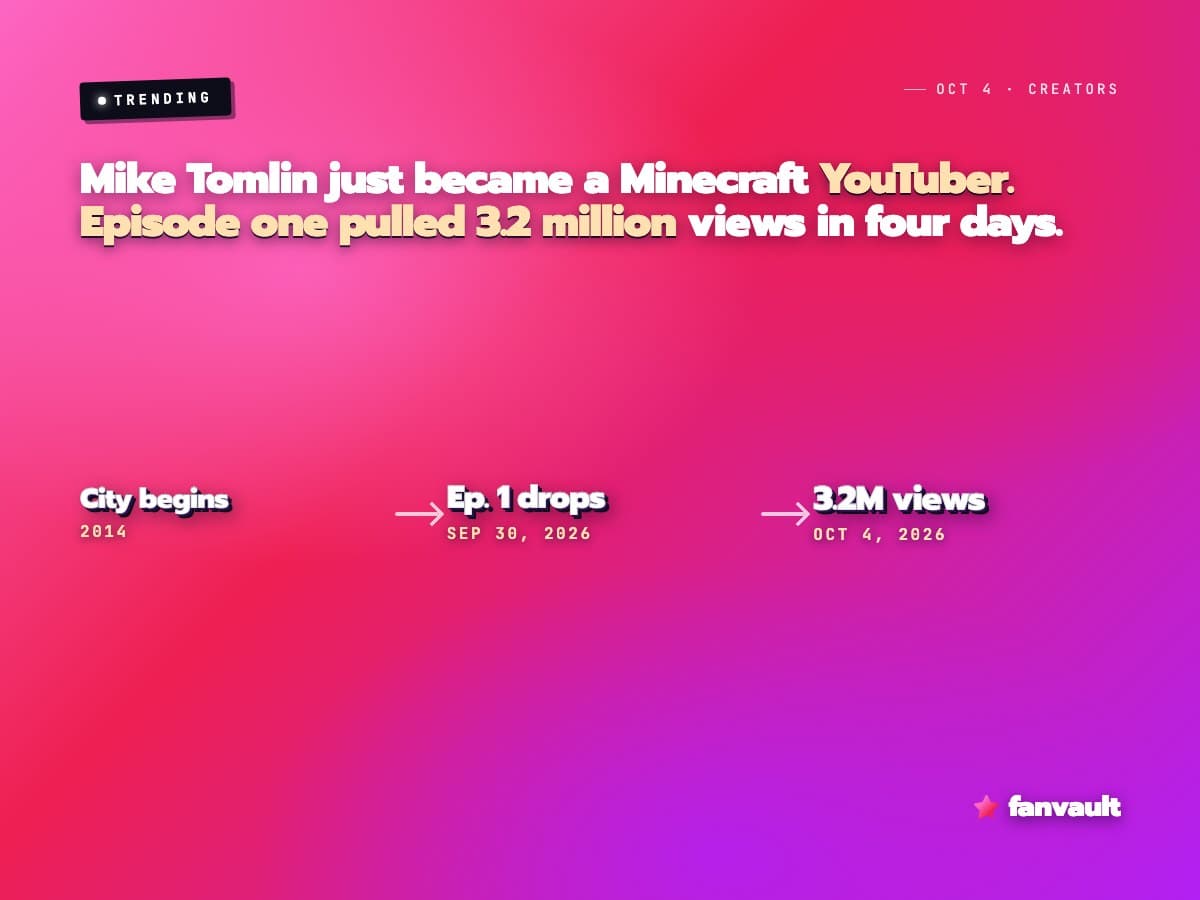 Mike Tomlin just became a Minecraft YouTuber. Episode one pulled 3.2 million views in four days.